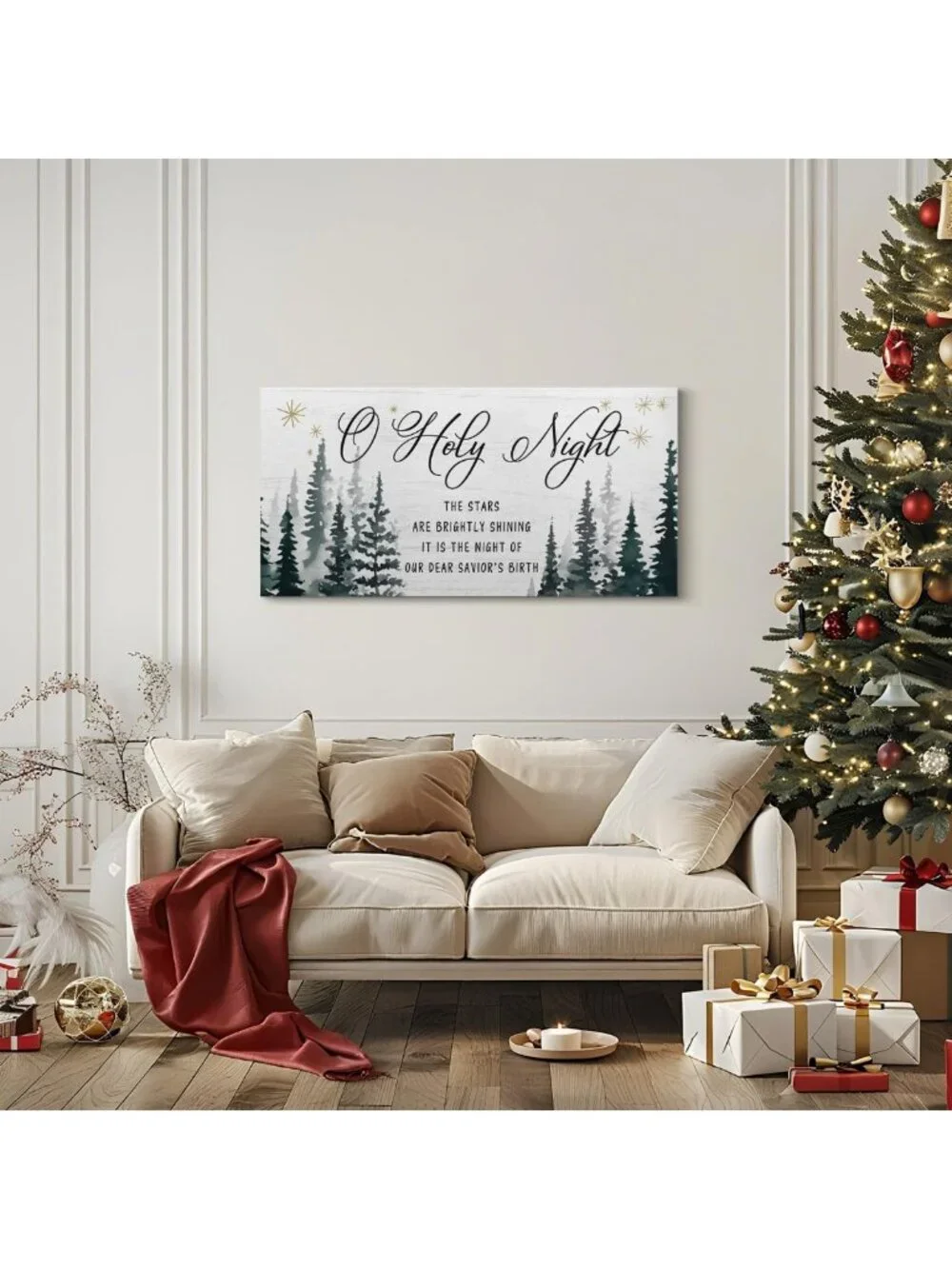 Rustic O Holy Night Wall Art - Large 40x20 Christmas Canvas Decor, Jesus Sign